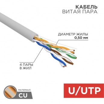 Кабель витая пара REXANT U/UTP, CAT 5e, PVC, 4PR, 24AWG, INDOOR, SOLID, серый, 305м, РФ