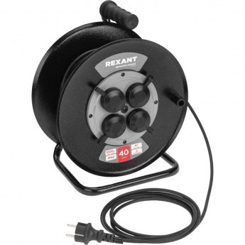 Удлинитель силовой REXANT КГ на катушке 4 гнезда, с/з, 40м, 3х1,5мм², IP44 с выключателем, c защитными крышками, металлическая катушка Удлинитель силовой REXANT КГ на катушке 4 гнезда, с/з, 40м, 3х1,5мм², IP44 с выключателем, c защитными крышками, металлическая катушка